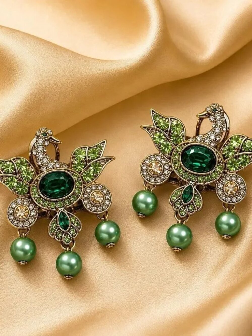 Bird Earrings Museum Pearl Antique Crystal Court VTG Art Nouveau Peacock Revival